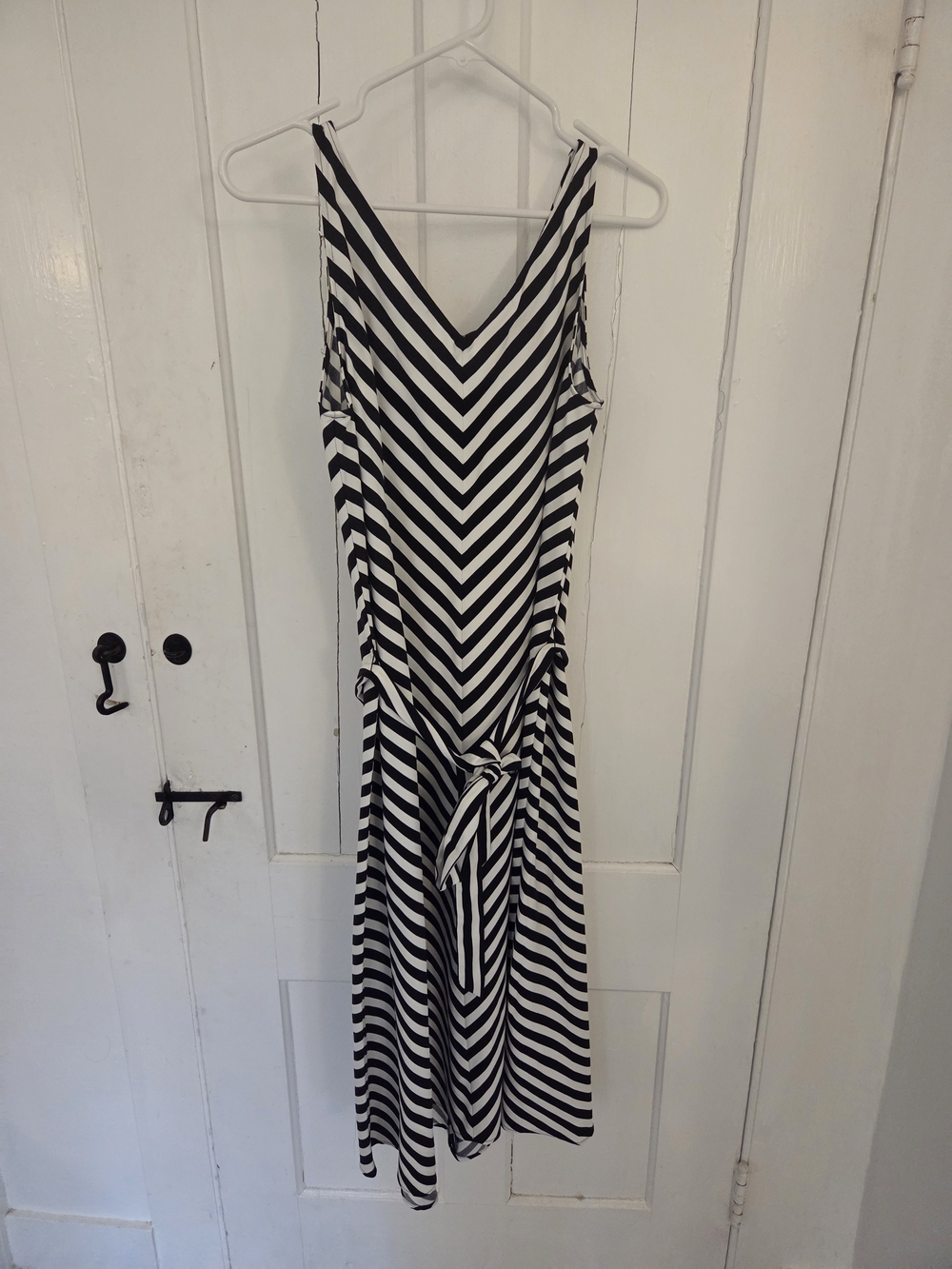 Ann Taylor Black and White Striped V-Neck Midi Dress